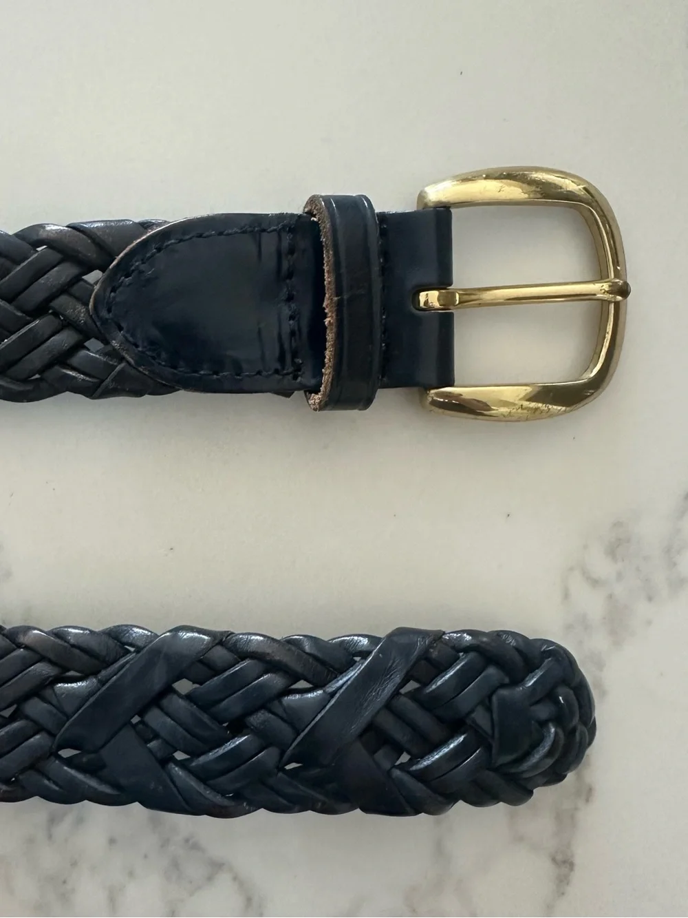 Vintage Talbots Braided Leather Belt Solid Brass Square Buckle Gloss Navy Large